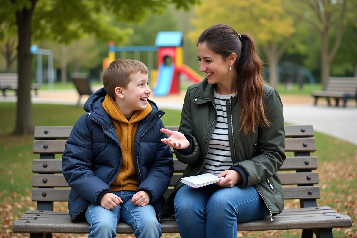 Jeune garçon avec syndrome de Down en discussion dans un parc
