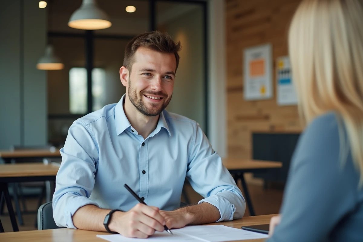 Jeune homme en discussion dans un espace de coworking