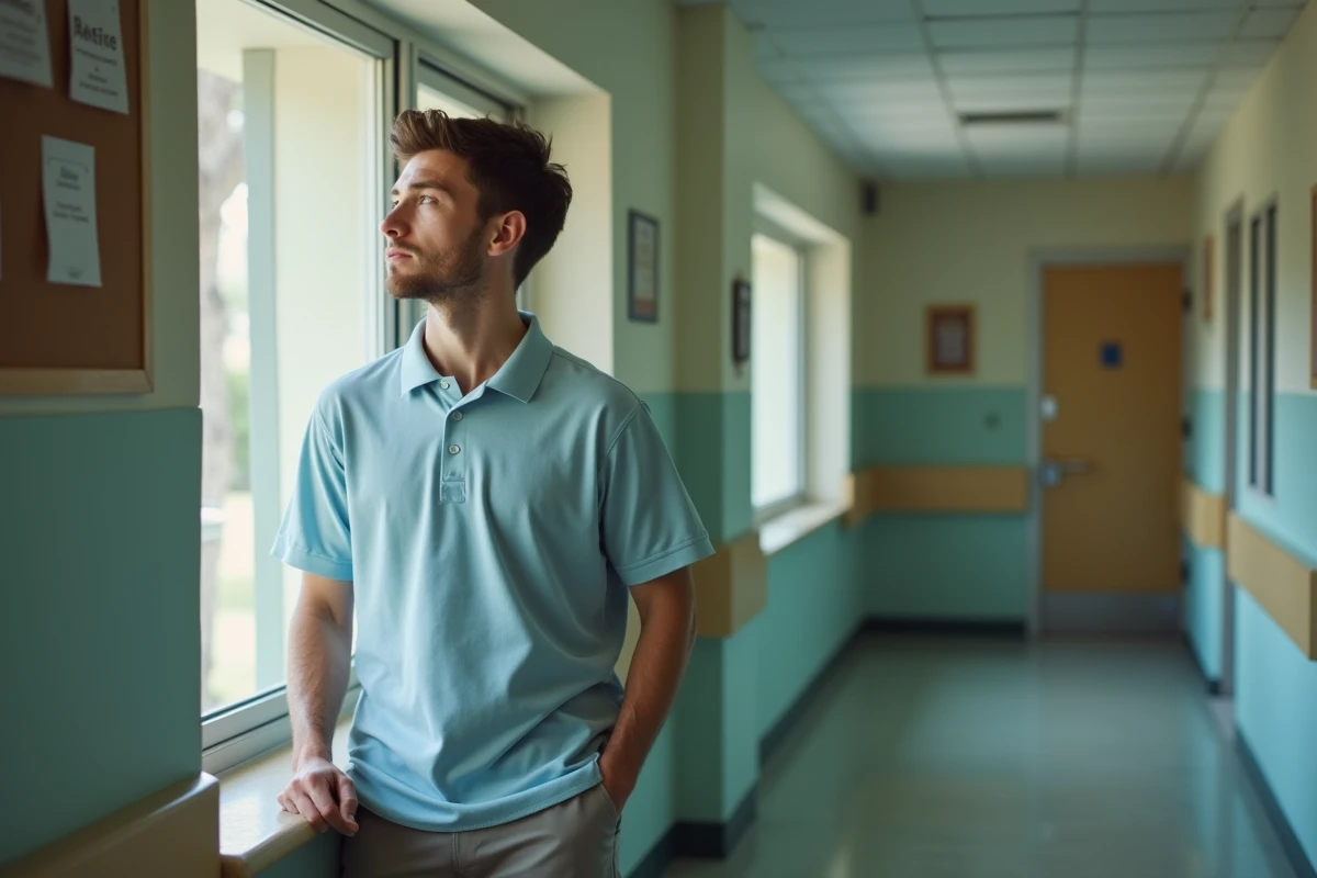 Jeune soignant regardant par la fenêtre dans un couloir