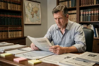 Journaliste analysant des documents imprimés dans une salle de rédaction pour démêler les rumeurs autour du drame Robert Schoulevilz