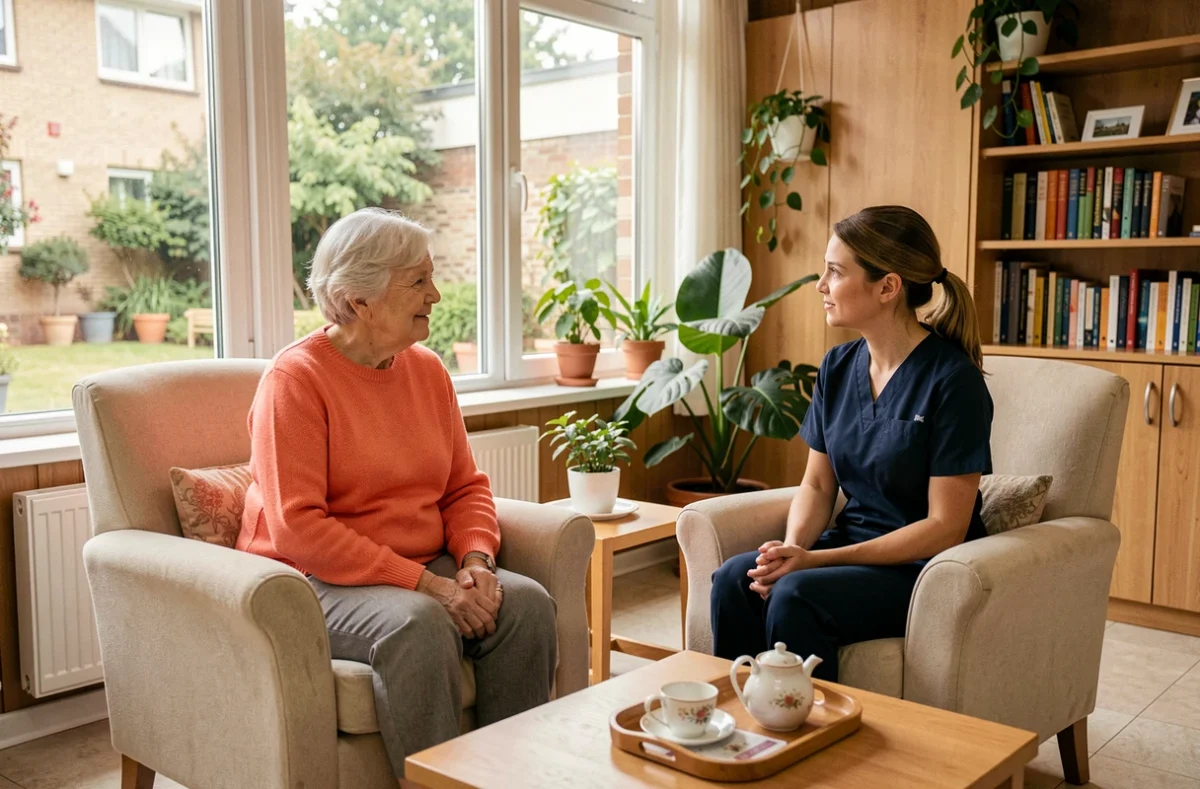 Senior femme en conversation avec une soignante dans le salon chaleureux de Korian Les Charmes à Woippy, avec vue sur le jardin intérieur