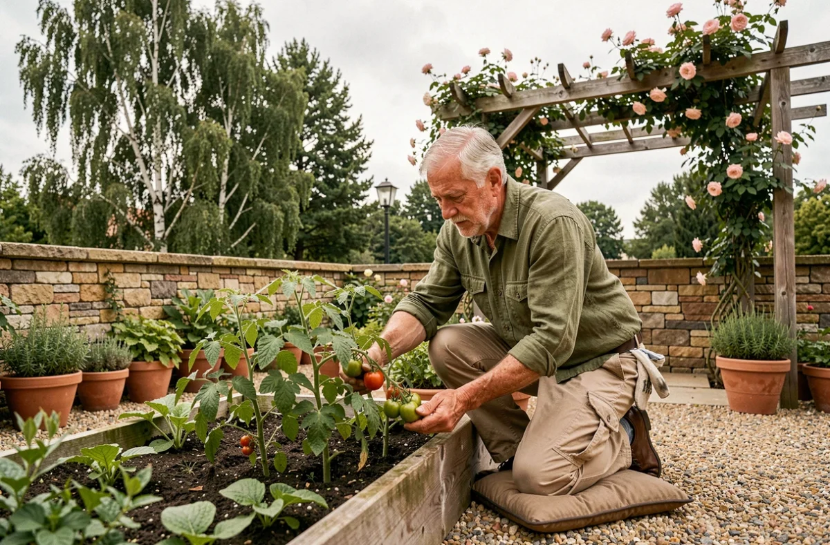 Senior homme soignant le jardin potager de La Bellamire, résidence seniors à Moulins-lès-Metz, entouré de plantes et d'éléments naturels