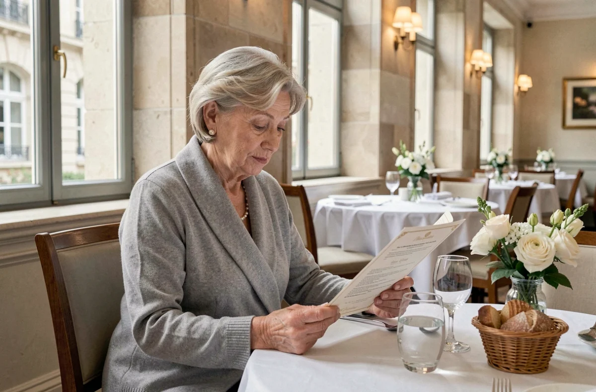 Femme senior élégante dans la salle à manger raffinée de La Calliope, résidence seniors à Metz, avec décor lorrain authentique