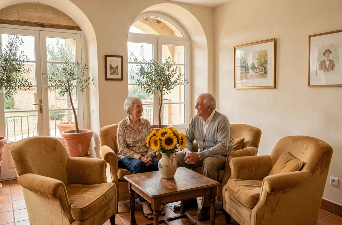 Couple de seniors détendus dans le salon élégant de La Florentine, résidence seniors à Sarreguemines, avec décoration d'inspiration provençale