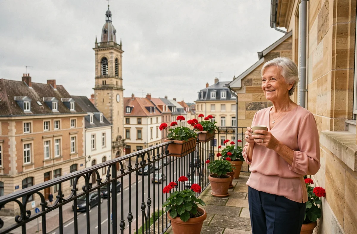 Senior femme sur la terrasse de La Rose du Beffroi à Thionville, tenant un café avec le beffroi historique visible en arrière-plan