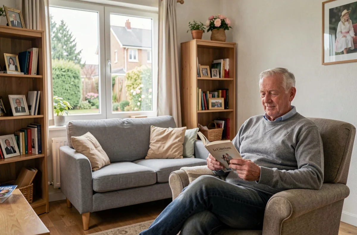 Appartement privatif cosy du Criterium à Écouflant avec un résident lisant tranquillement dans son salon