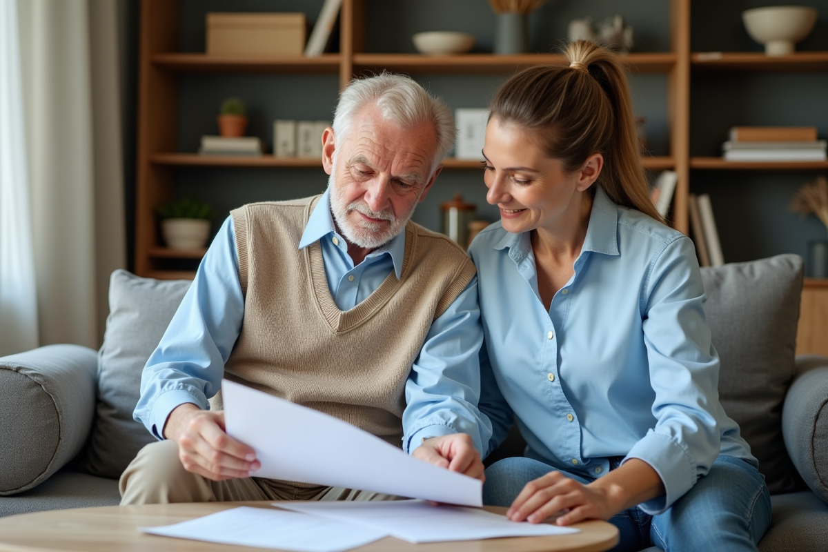 Homme âgé et sa fille examinant des documents