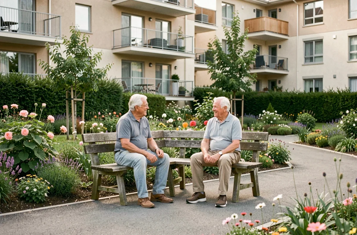 Jardin accessible de la résidence autonomie Les Hauts de Laval avec deux résidents en conversation sur un banc