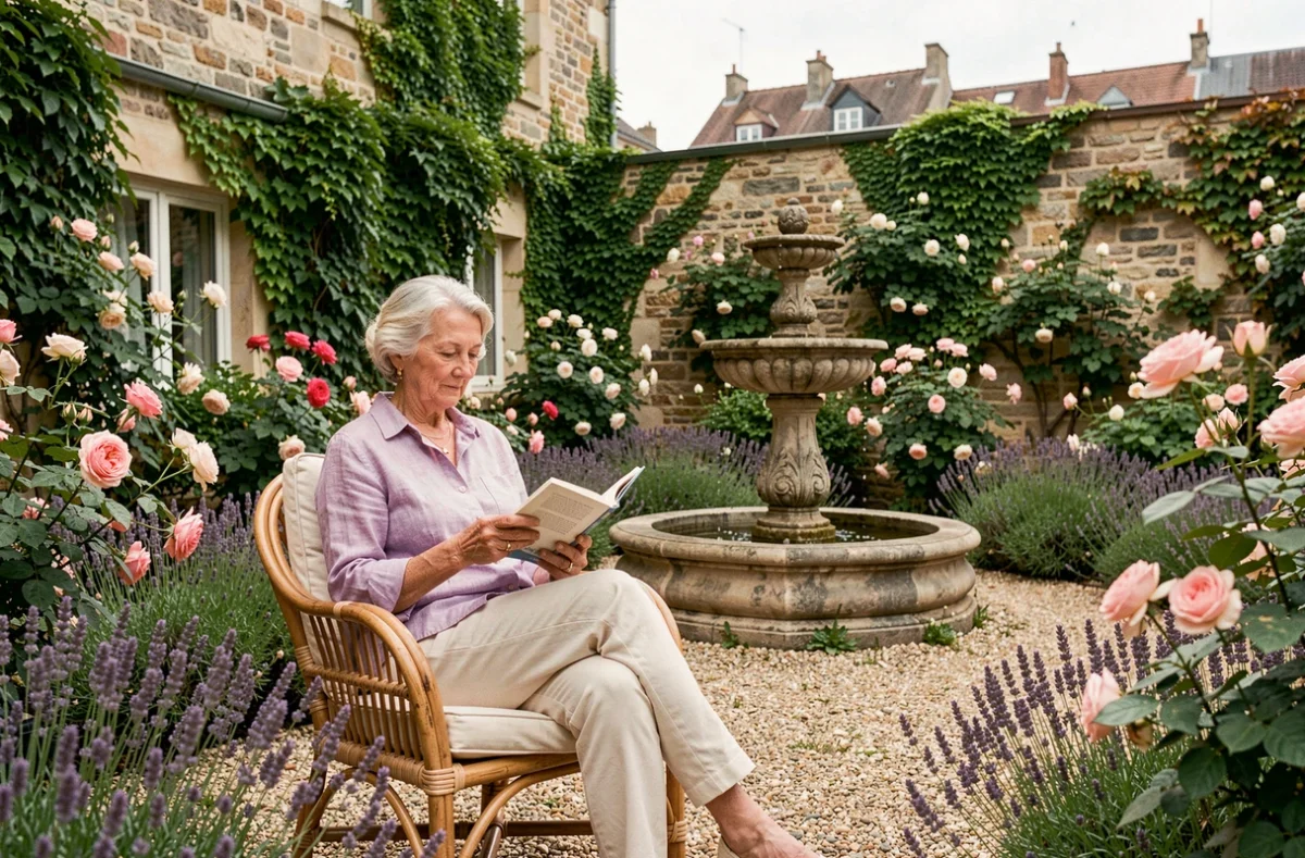 Senior femme lisant dans le jardin fleuri des Jardins d'Arcadie Metz, entourée de roses et de lavande avec les toits de Metz en arrière-plan