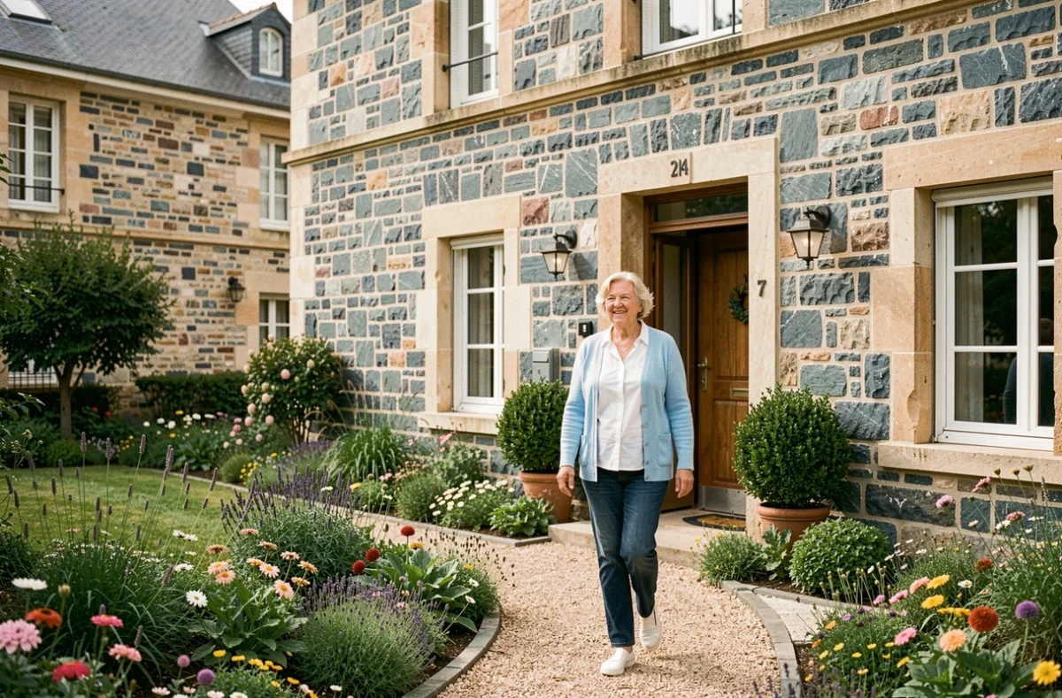 Résidente se promenant dans le jardin de la résidence Les Quernons à Trélazé en Maine-et-Loire
