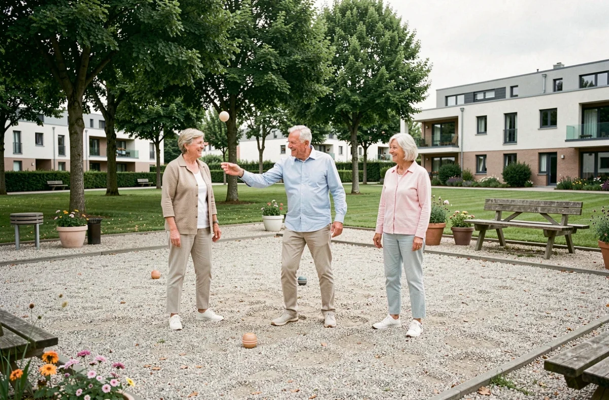 Groupe de résidents seniors jouant à la pétanque dans l'espace extérieur des Senioriales à Talange, avec les bâtiments résidentiels modernes en fond