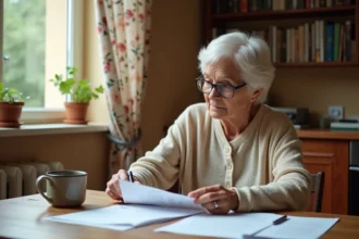 Locataire âgée de plus de 65 ans examinant un courrier de congé pour vendre dans son appartement
