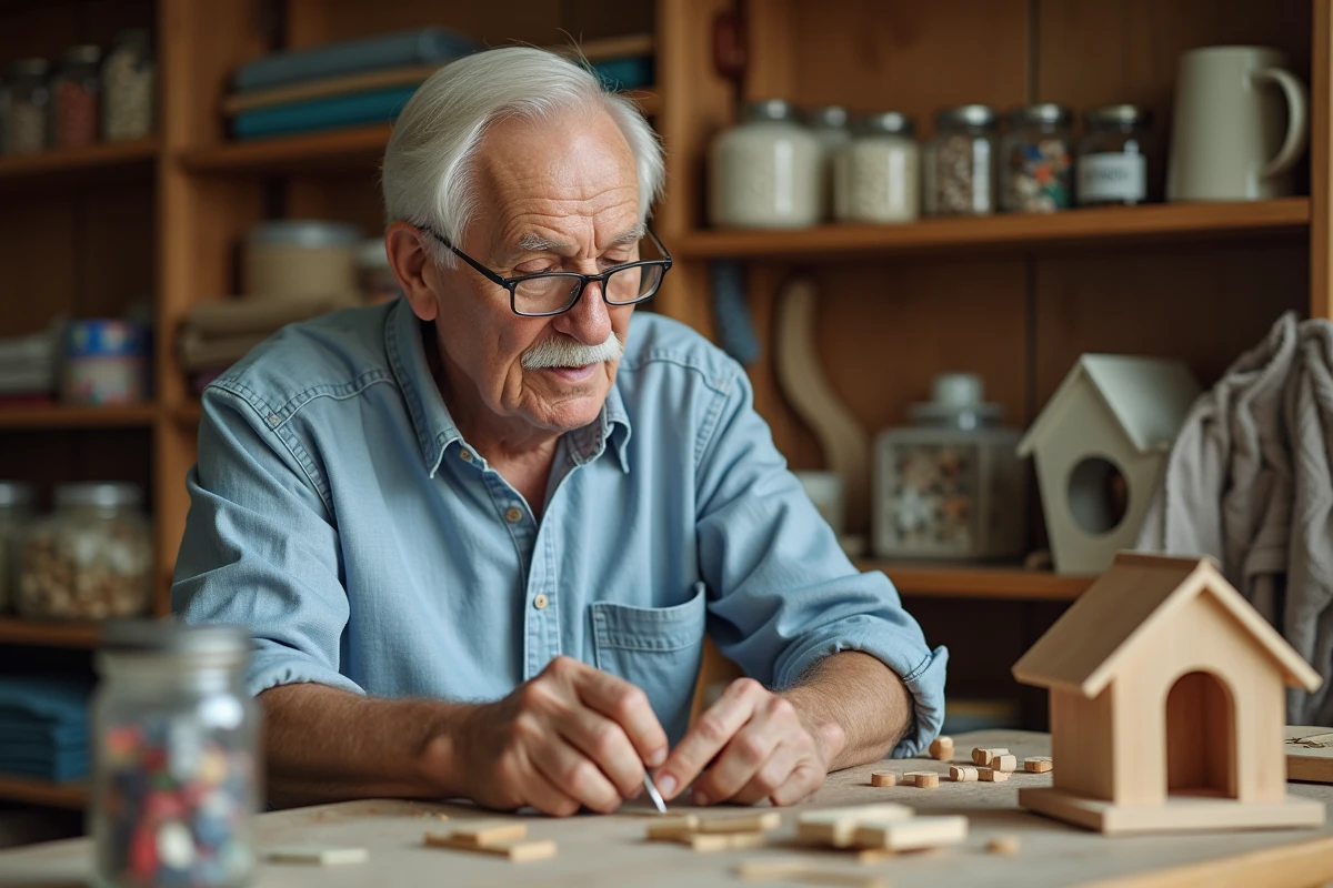 Homme âgé concentré sur un loisir créatif de bricolage en maison de retraite, assemblage d'un modèle en bois