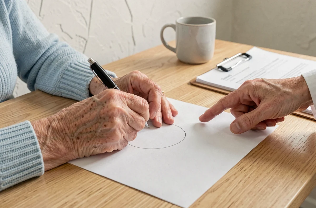 Gros plan des mains d'une personne âgée réalisant le dessin de l'horloge lors d'un test cognitif médical