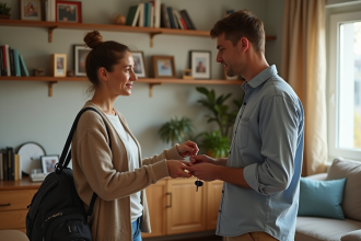 Maman donne les clés à son fils dans un salon chaleureux