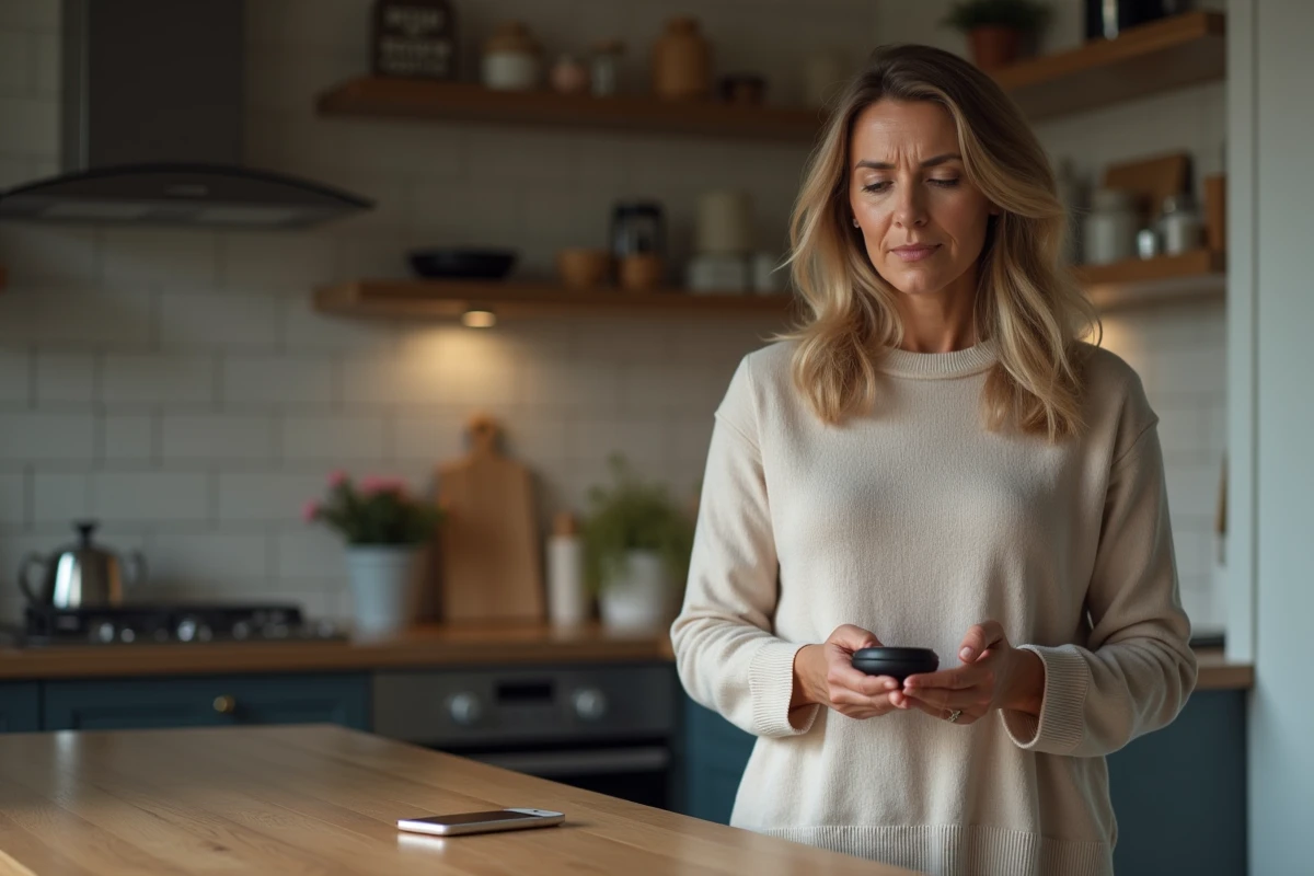 Maman tenant un GPS dans une cuisine domestique