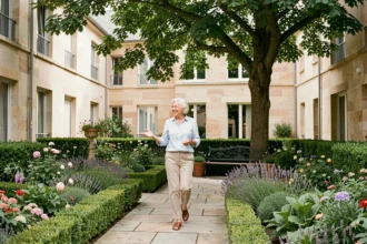 Femme senior souriante se promenant dans le jardin d'une résidence seniors en Moselle, illustrant le classement 2026 des meilleures résidences de la région