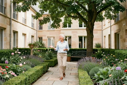 Femme senior souriante se promenant dans le jardin d'une résidence seniors en Moselle, illustrant le classement 2026 des meilleures résidences de la région