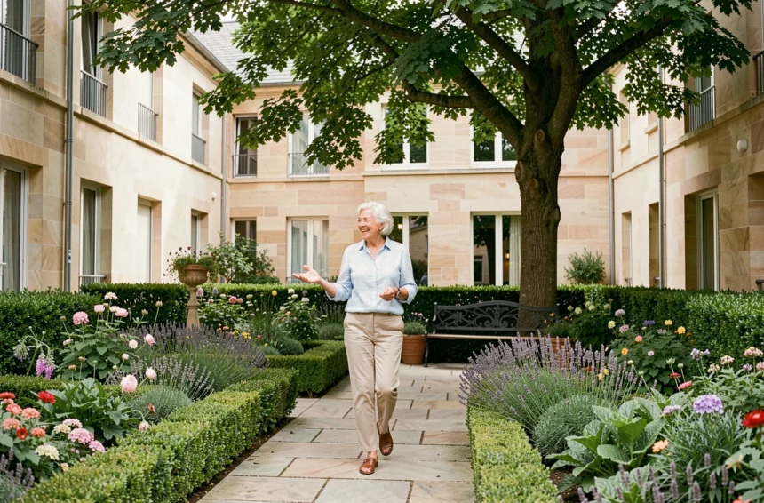 Femme senior souriante se promenant dans le jardin d'une résidence seniors en Moselle, illustrant le classement 2026 des meilleures résidences de la région