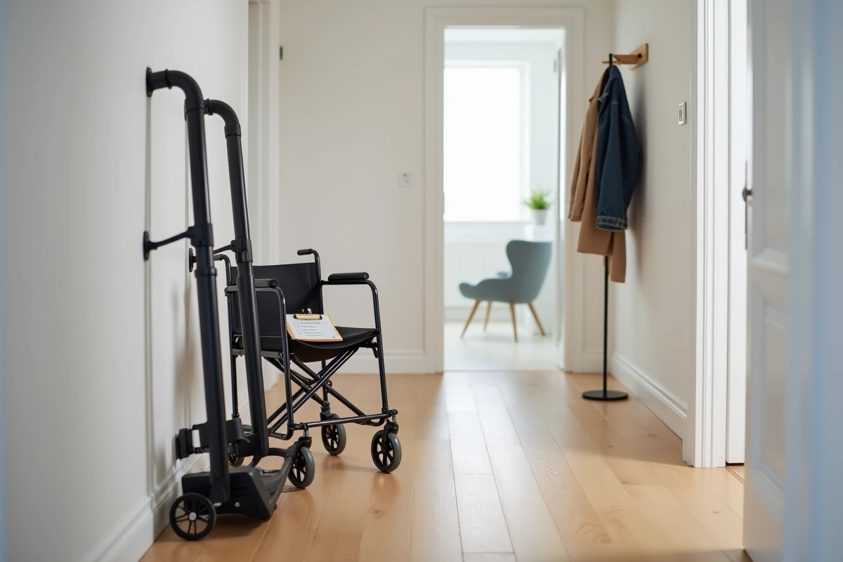 Monte escalier portable plié et fauteuil roulant dans un couloir avec liste de vérification avant achat