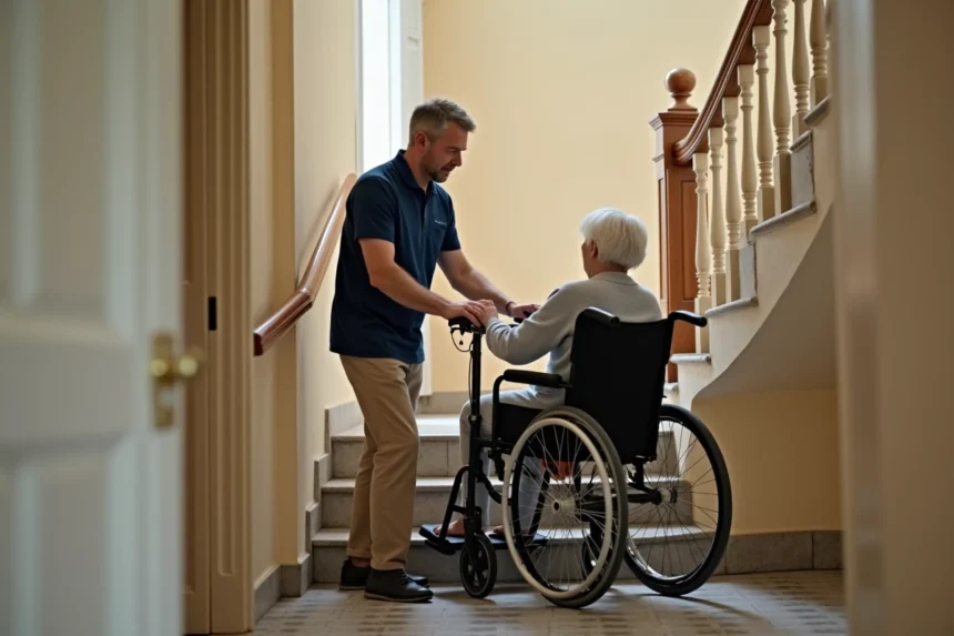 Accompagnateur utilisant un monte escalier portable pour fauteuil roulant dans une cage d'escalier résidentielle