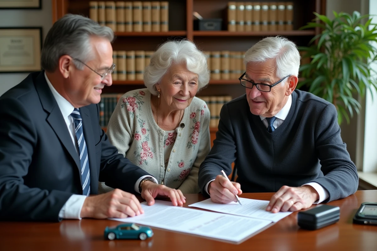 Notaire expliquant les démarches de donation de véhicule à un couple de personnes âgées dans son étude