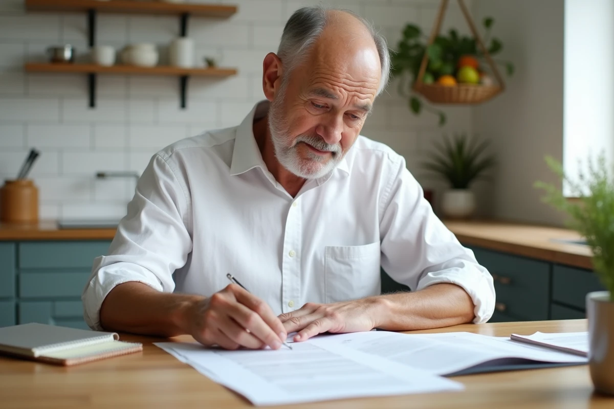 Homme organisant ses documents de départ en retraite et congés payés à son domicile