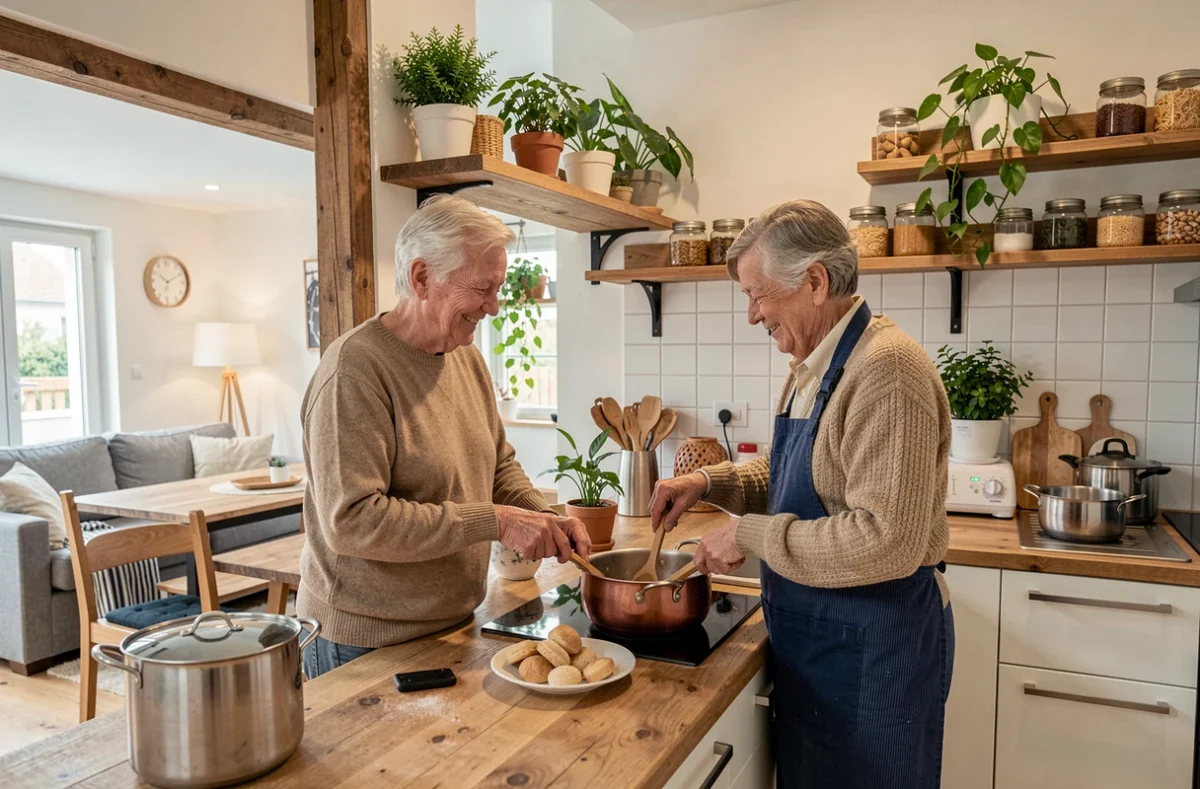 Espace de vie partagé et cuisine commune à Oui Seniors Cholet, résidence alternative en Maine-et-Loire