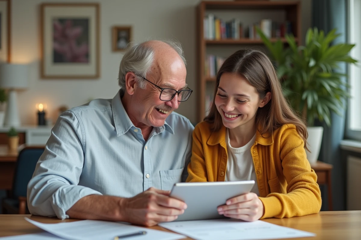 Père et fille souriants partageant documents sur table
