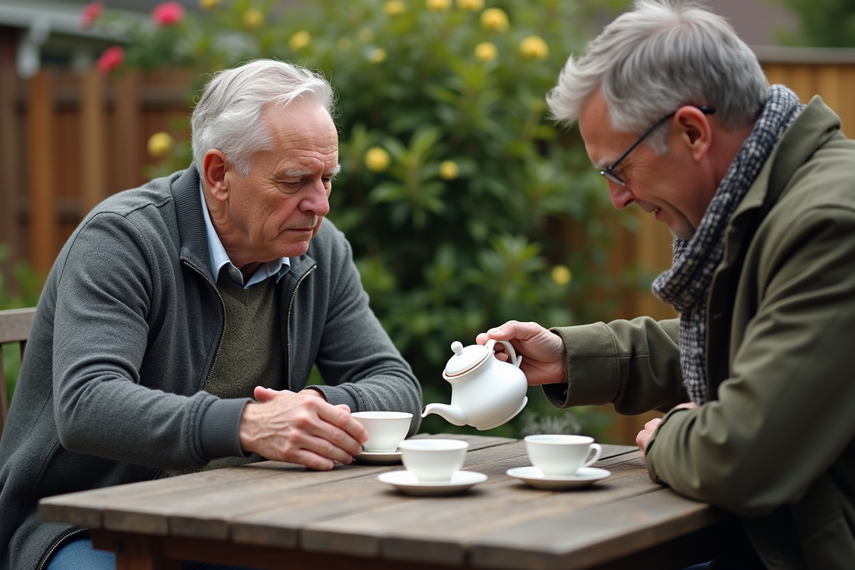 Père et fils partageant un thé dans un jardin