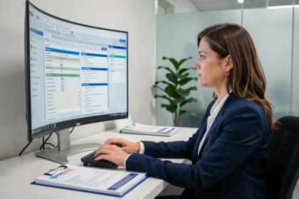 Professionnelle de santé paramétrant le logiciel NETSoins Colisée sur un poste informatique hospitalier pour répondre aux exigences HAS