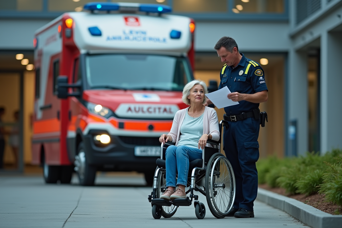 Femme en fauteuil devant l'hôpital avec ambulancier
