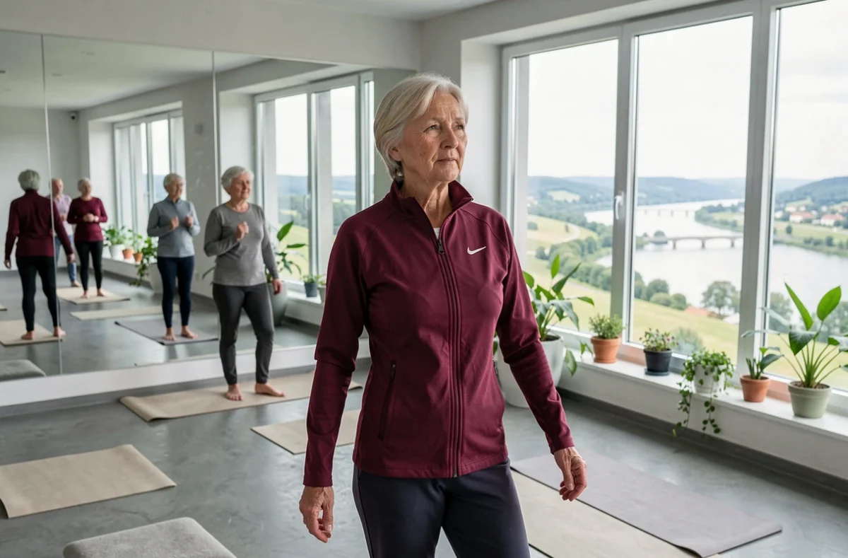 Femme senior participant à un cours de fitness dans la salle de bien-être moderne du Pavillon de Diane, résidence Domitys à Thionville