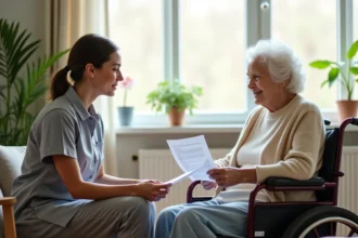 Personne âgée en fauteuil roulant discutant de documents d'aide sociale avec une aide-soignante à domicile