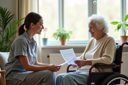 Personne âgée en fauteuil roulant discutant de documents d'aide sociale avec une aide-soignante à domicile