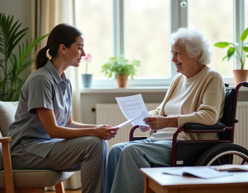 Personne âgée en fauteuil roulant discutant de documents d'aide sociale avec une aide-soignante à domicile