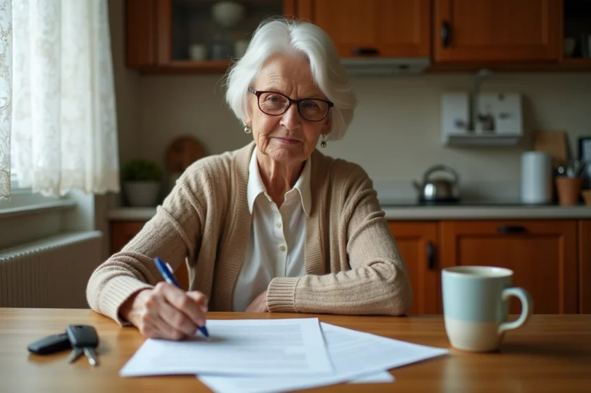 Femme âgée signant des documents de donation de voiture avec des clés posées sur la table