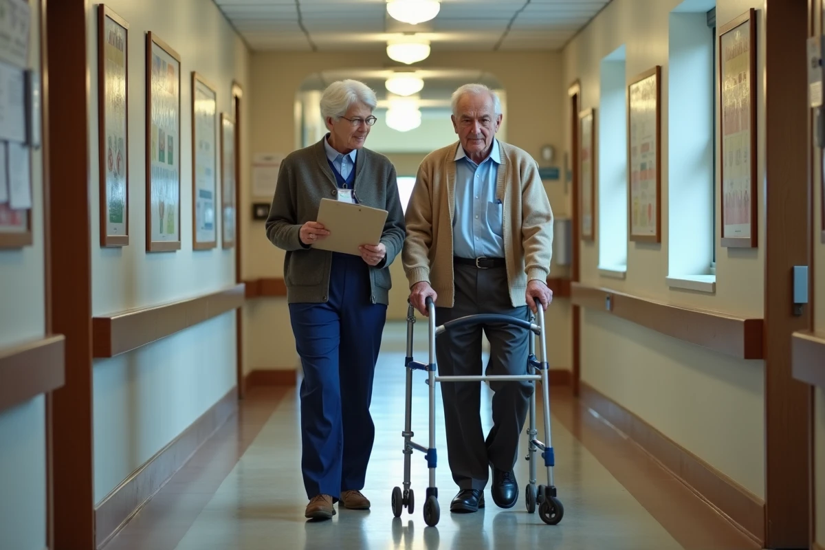 Aide soignant accompagne un senior dans un ehpad