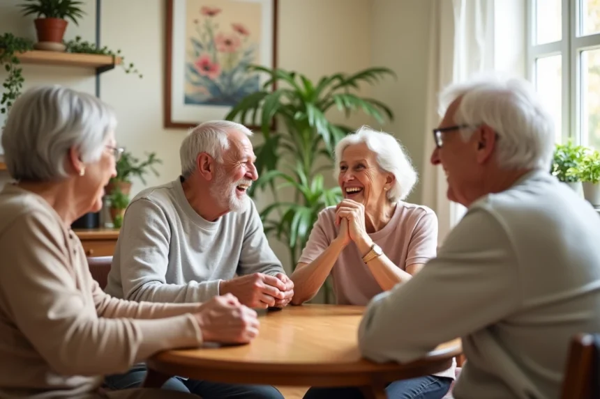 Groupe de personnes âgées riant ensemble autour d'une table dans une maison de retraite
