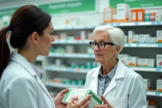 Pharmacienne expliquant les contre-indications d'un complément alimentaire senior à une cliente âgée dans une pharmacie
