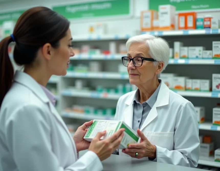 Pharmacienne expliquant les contre-indications d'un complément alimentaire senior à une cliente âgée dans une pharmacie