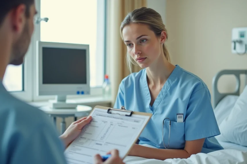 Physiothérapeute féminine consultant une grille d'évaluation clinique de Tinetti au chevet d'un patient hospitalisé