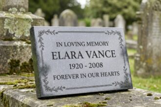 Plaque funéraire en granit noir avec typographie serif élégante et motif floral gravé dans un cimetière