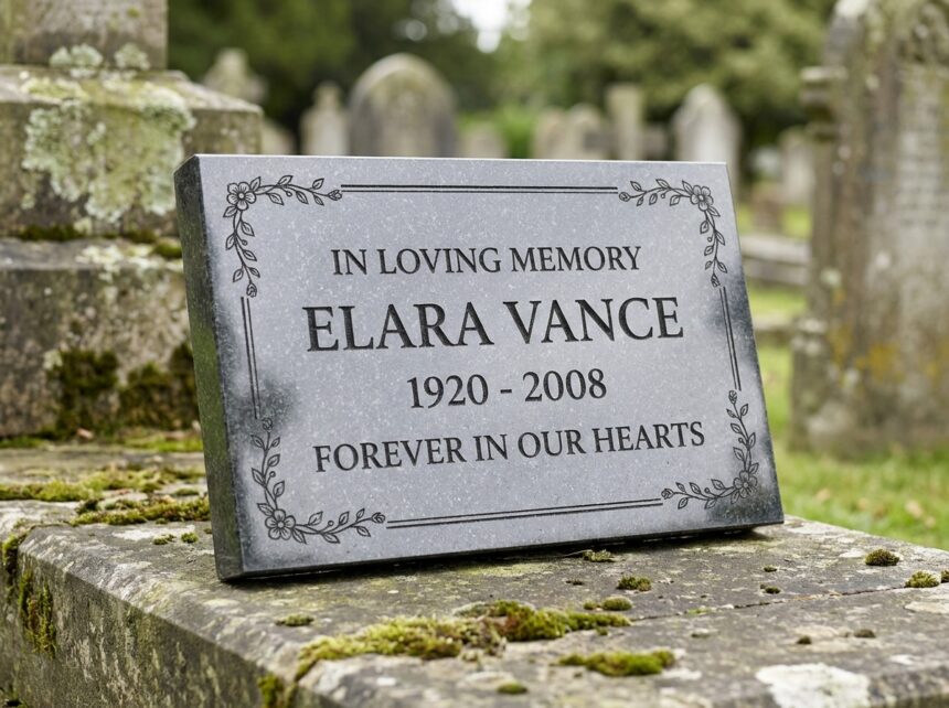 Plaque funéraire en granit noir avec typographie serif élégante et motif floral gravé dans un cimetière