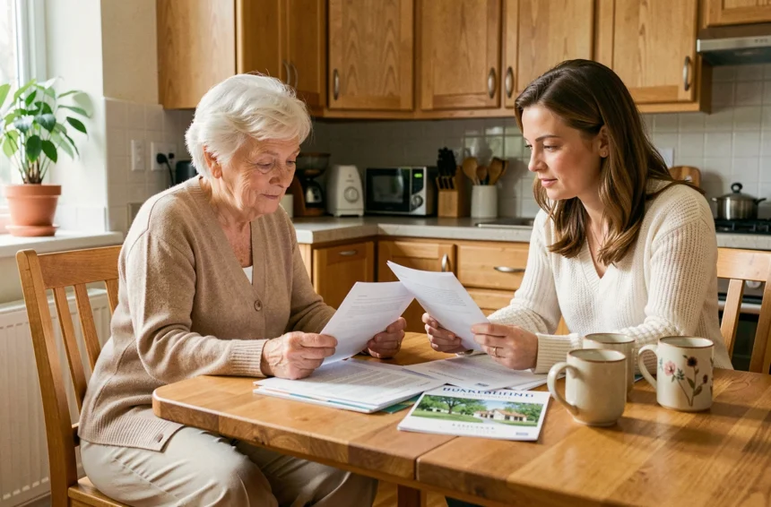 Une femme âgée et sa fille adulte examinent ensemble des documents sur une maison de retraite à la table de la cuisine familiale