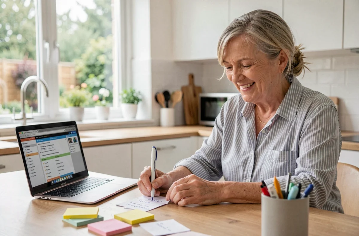 Femme de 60 ans préparant des questions de quiz personnalisé pour un anniversaire adulte dans une cuisine moderne