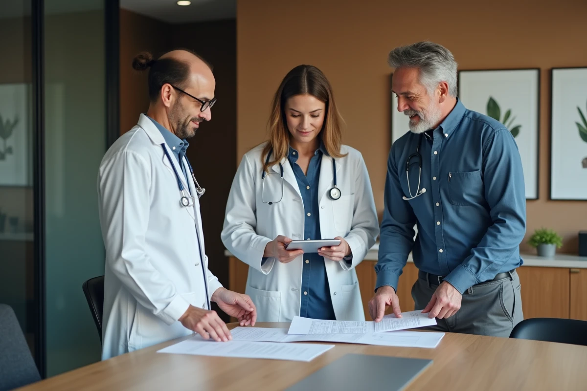 Professionnels de santé discutant autour d une table moderne