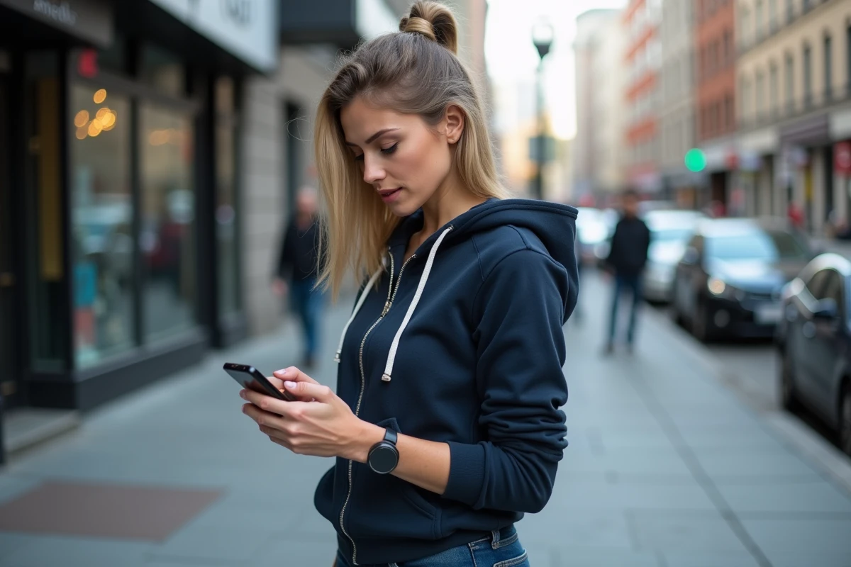 Une femme en ville consultant son smartphone avec un patch de suivi GPS discret sur l'avant-bras dans un contexte urbain
