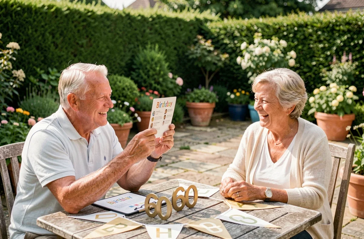 Adultes de 60 ans jouant à un quiz anniversaire en plein air sur une terrasse décorée de banderoles et de chiffres dorés