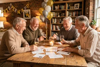 Groupe d'adultes de 60 ans jouant à un quiz personnalisé lors d'un anniversaire festif autour d'une table en bois